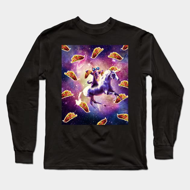 Thug Space Cat On Unicorn With Taco Long Sleeve T-Shirt by Random Galaxy